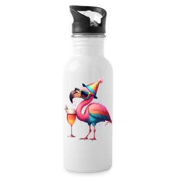 Drôle de flamant rose Avec de la bière et un chapeau de fête - Gourde avec paille intégrée - blanc - Droite