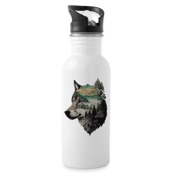 Wolf Wolfskopf Natur Wildnis Wald Bäume Kunst - Trinkflasche mit integriertem Trinkhalm - Weiß - Rechts