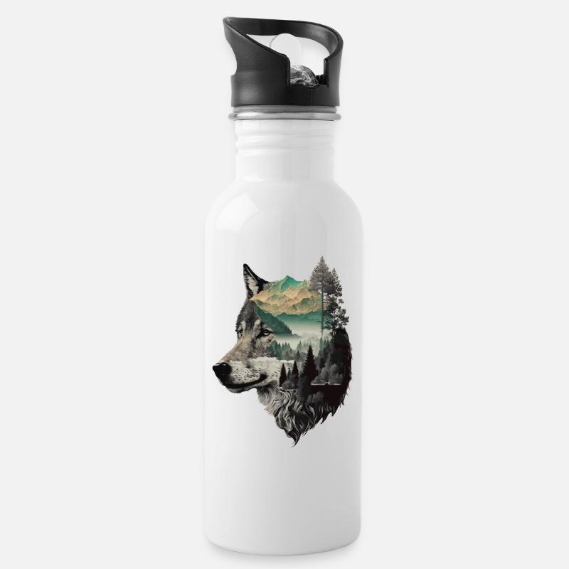 Wolf Wolf’s Head Nature Wilderness Forest Trees Art - Gourde avec paille intégrée - blanc