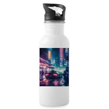 Retro Reverie: Vintage Car in a Rainy - Water bottle with straw - white - Right