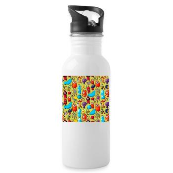 Happy Monsters Muster - Trinkflasche mit integriertem Trinkhalm - Weiß - Rechts