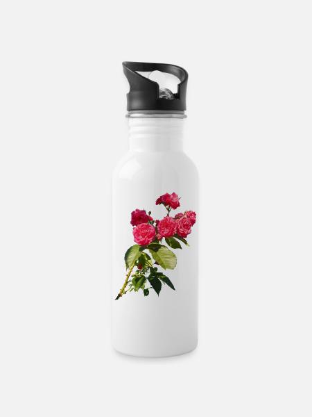 Roter Rosenstrauch - Trinkflasche mit integriertem Trinkhalm - Weiß