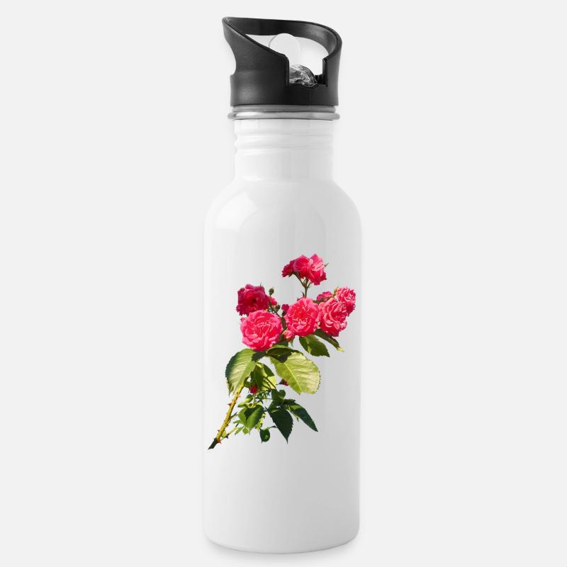 Roter Rosenstrauch - Trinkflasche mit integriertem Trinkhalm - Weiß