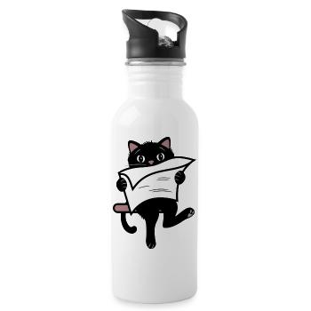 Lustige schwarze Katze, die Zeitung liest - Trinkflasche mit integriertem Trinkhalm - Weiß - Rechts