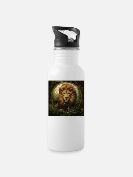Lion glass piece in herbs - Water bottle with straw - white