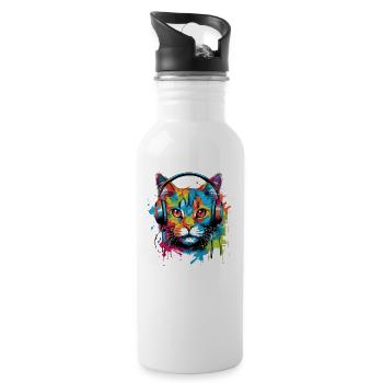 Katze mit Kopfhörer Musik - Trinkflasche mit integriertem Trinkhalm - Weiß - Rechts