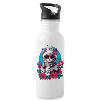 Cute cat with guitar - Water bottle with straw - white - Right