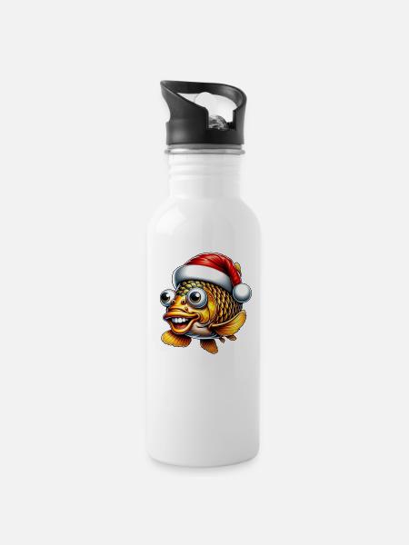 Weihnachtskarpfen: Lustiger Fisch mit Mütze - Trinkflasche mit integriertem Trinkhalm - Weiß