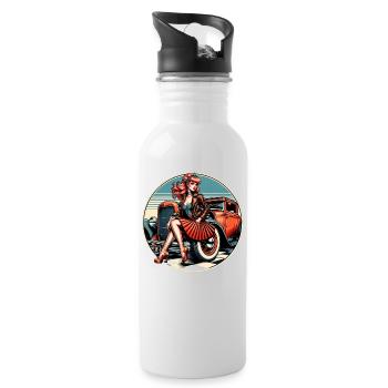 Rothaarige Schönheit und Hotrod - Trinkflasche mit integriertem Trinkhalm - Weiß - Rechts
