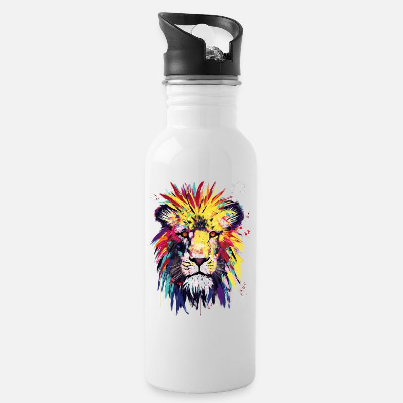 Lion Watercolor - Trinkflasche mit integriertem Trinkhalm - Weiß