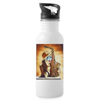 Cat Playing the Saxophone - Water bottle with straw - white - Right