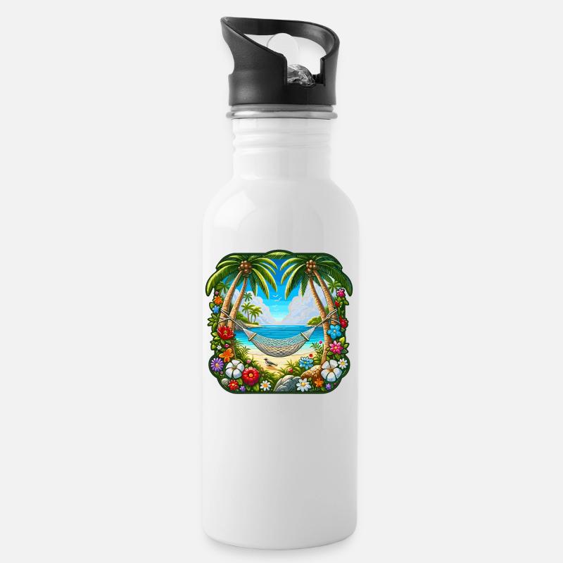 Ile tropicale avec palmiers et hamac - Gourde avec paille intégrée - blanc
