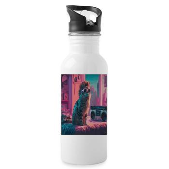 Urban Cat in Retro Vibe - Water bottle with straw - white - Right