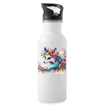Fuchs mit Blumen - Trinkflasche mit integriertem Trinkhalm - Weiß - Rechts