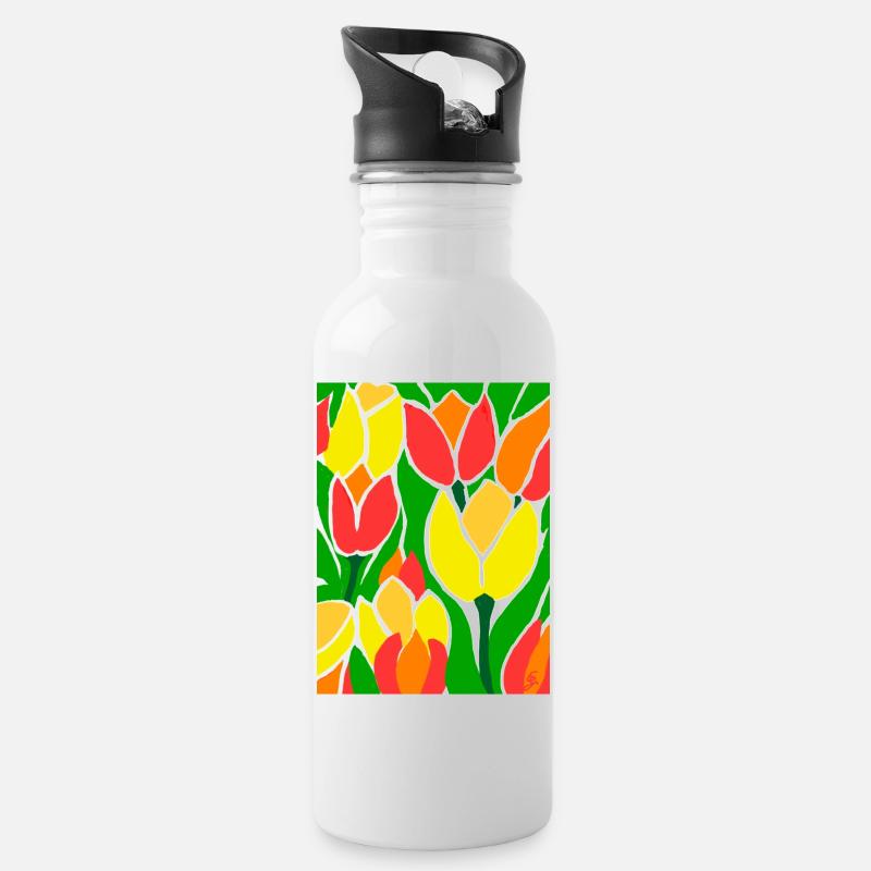 EG Tulpen I Blumen I Tulpenfest I Geschenkidee - Trinkflasche mit integriertem Trinkhalm - Weiß
