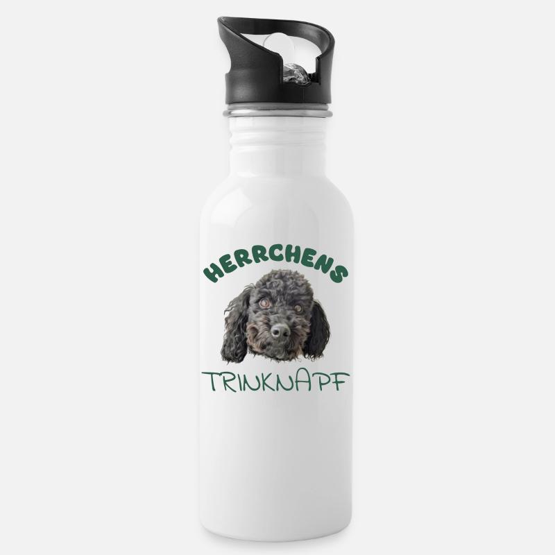 Herrchens Trinknapf mit schwarzem Pudel dunkelgrün - Trinkflasche mit integriertem Trinkhalm - Weiß