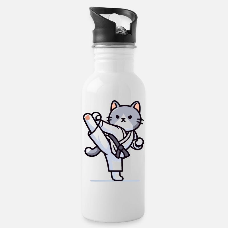 Karate Kitty: Die katzenartige Kämpferin - Trinkflasche mit integriertem Trinkhalm - Weiß