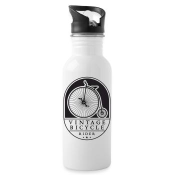 Vintage Bicycle Rider, Black on Light, Penny farthing - Water bottle with straw - white - Right