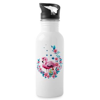 Flamant rose élégant avec des fleurs tropicales. - Gourde avec paille intégrée - blanc - Droite