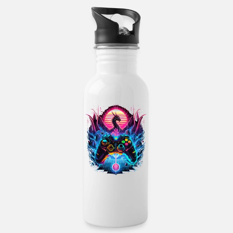 Synthwave Dragon Gaming Fantasie - Trinkflasche mit integriertem Trinkhalm - Weiß