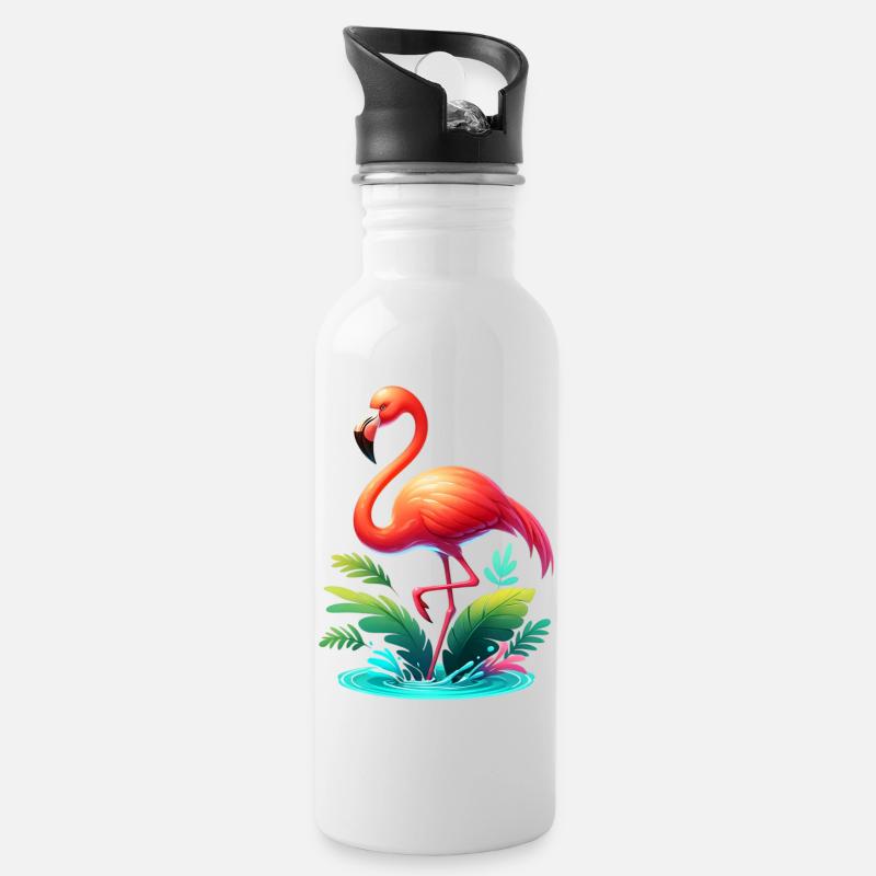 Flamingo - Trinkflasche mit integriertem Trinkhalm - Weiß