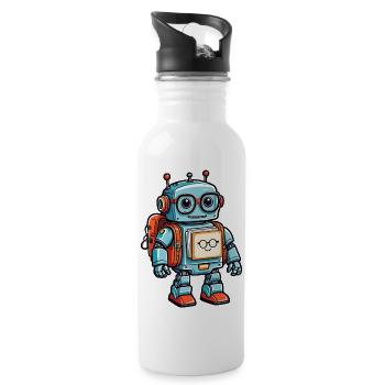 Lustiger kleiner Roboter mit Schulranzen - Trinkflasche mit integriertem Trinkhalm - Weiß - Rechts