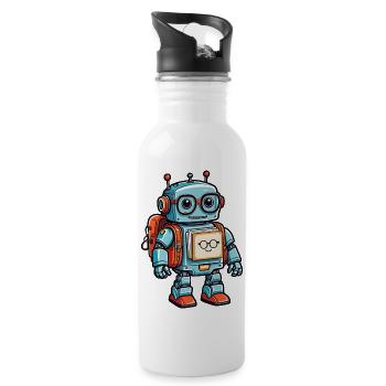 Funny little robot with satchel - Water bottle with straw - white - Right