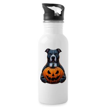 Pitbull Halloween - Holding Jack O Lantern - Water bottle with straw - white - Right