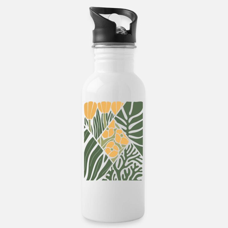 Plantes et fleurs vertes et jaunes, abstraites - Gourde avec paille intégrée - blanc