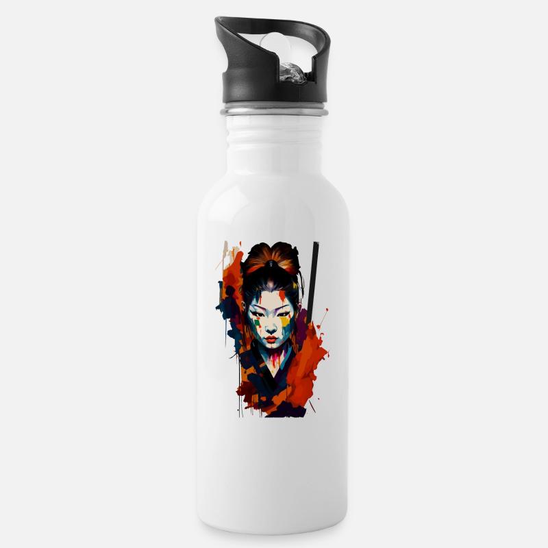 Samurai Kriegerin – Auffällige Spritzer Kunst - Trinkflasche mit integriertem Trinkhalm - Weiß
