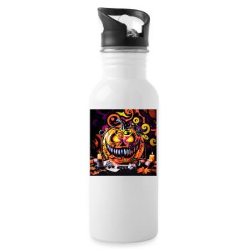 spooky Halloween pumpkin smiling - Water bottle with straw - white - Right