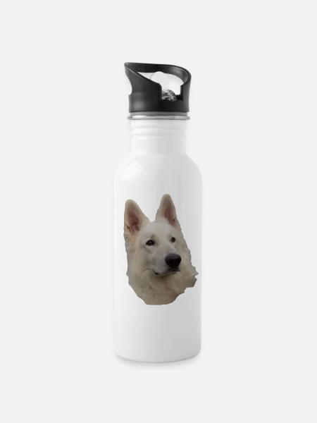 weisser Schäferhund Kopf - Trinkflasche mit integriertem Trinkhalm - Weiß