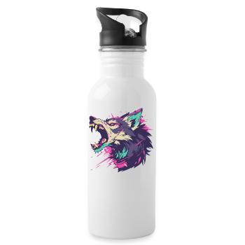 Porträt eines wütenden Wolfes mit leuchtenden Farben - Trinkflasche mit integriertem Trinkhalm - Weiß - Rechts