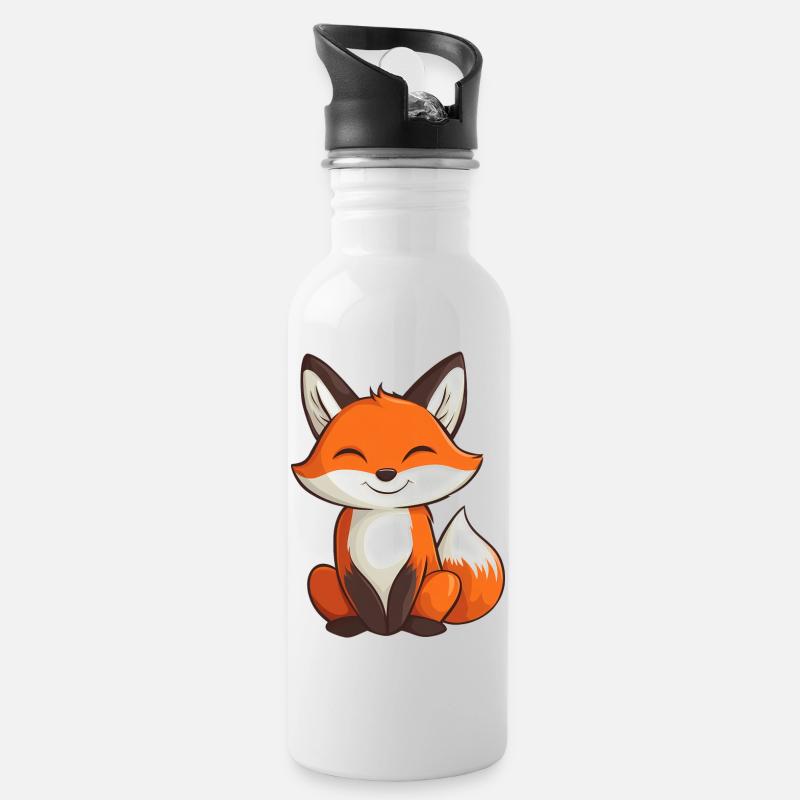 Süßer und fröhlicher Fuchs im Cartoon-Stil - Trinkflasche mit integriertem Trinkhalm - Weiß