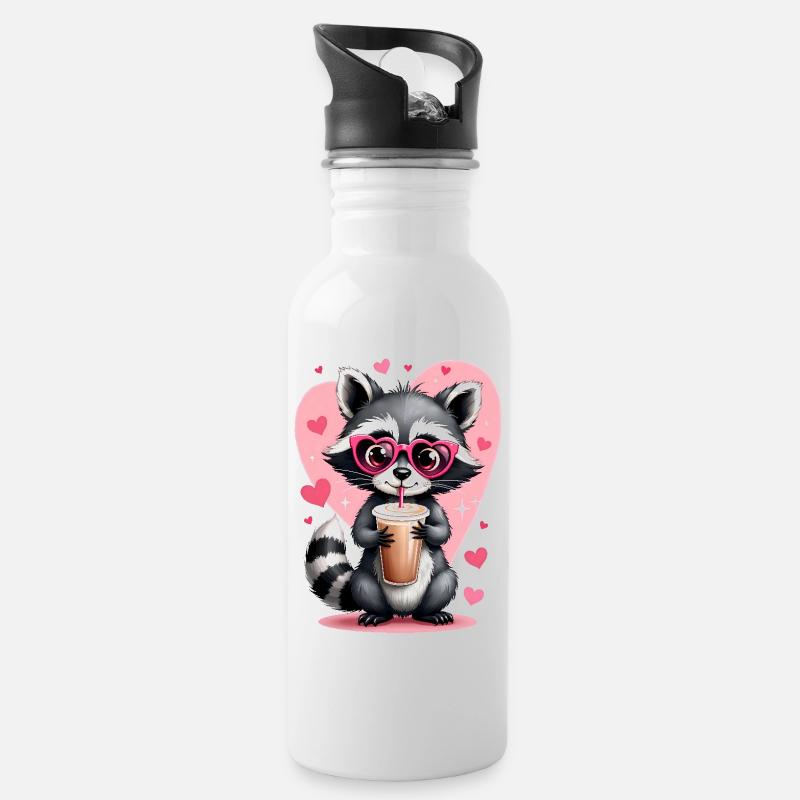 Süßer Waschbär mit Kaffee, umgeben von Herzen - Trinkflasche mit integriertem Trinkhalm - Weiß