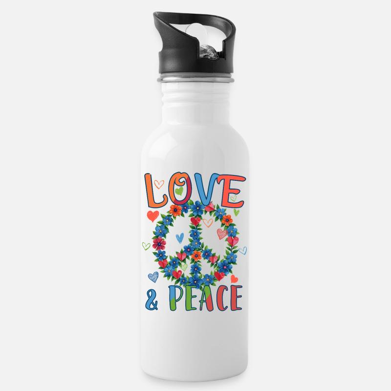 Love & Peace Blumen-Power Design - Trinkflasche mit integriertem Trinkhalm - Weiß
