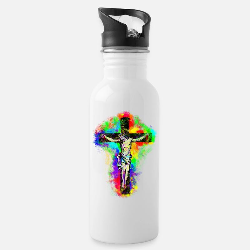 Jesus Christ Kreuz - Trinkflasche mit integriertem Trinkhalm - Weiß