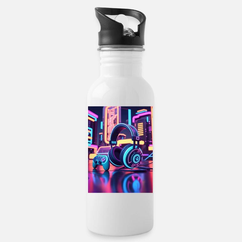 Neon Gaming Headset Design - Trinkflasche mit integriertem Trinkhalm - Weiß