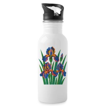 Retro Iris Floral Bloom - Water bottle with straw - white - Right