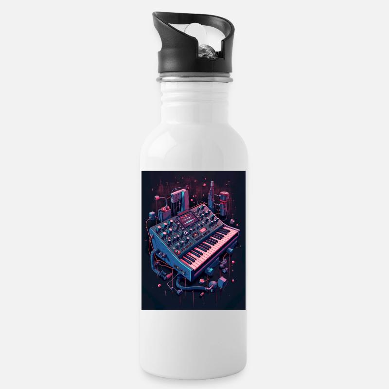 Futuristic Analog Syntheziser - Trinkflasche mit integriertem Trinkhalm - Weiß