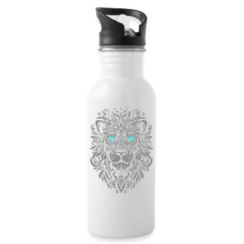 Silver lion with blue eyes and leaf pattern - Water bottle with straw - white - Right