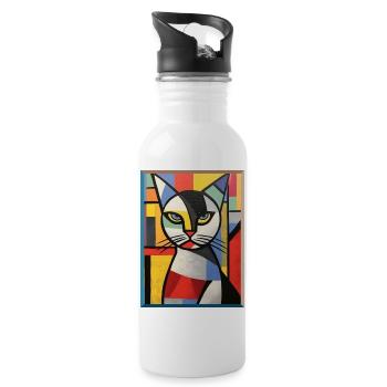 Abstract Cat Head in Color Blocks Pop Art Style - Water bottle with straw - white - Right