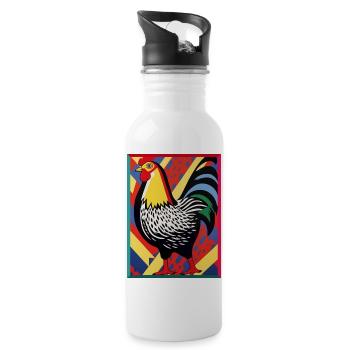 Colored Rooster in Abstract Illustration Pop Art - Water bottle with straw - white - Right