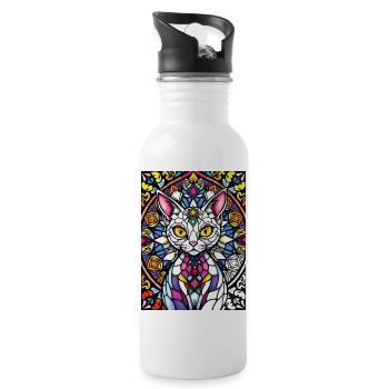 Katze im Buntglas-Mosaik - Trinkflasche mit integriertem Trinkhalm - Weiß - Rechts