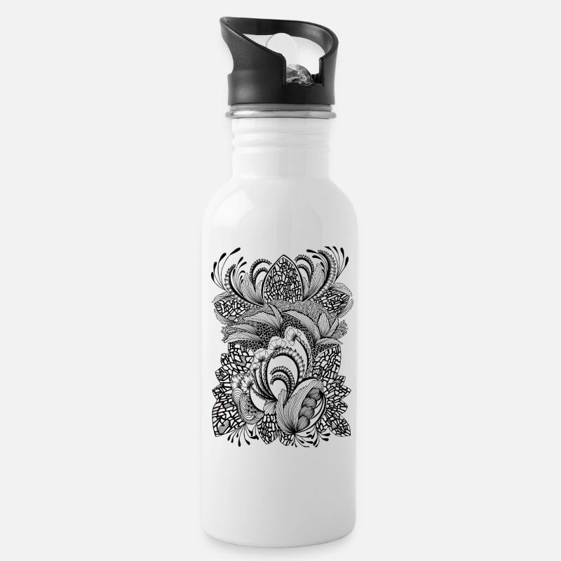 Schwarzweiß Musterblüten - Trinkflasche mit integriertem Trinkhalm - Weiß