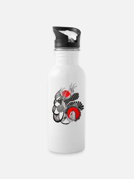 Monochrome flower circles with red - Water bottle with straw - white