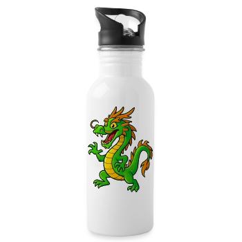 Green cartoon dragon with orange tips - Water bottle with straw - white - Right