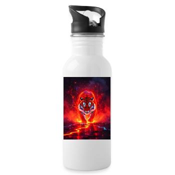 Majestic tiger glowing in golden and turquoise rad - Water bottle with straw - white - Right