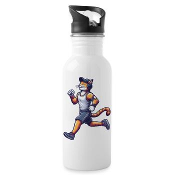 Cute cat running marathon sport jogging sprinting - Water bottle with straw - white - Right