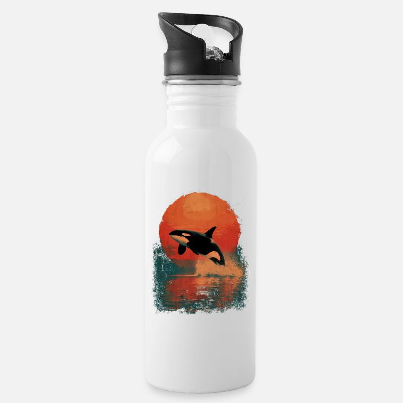Orca Sprung im Sonnenuntergang - Trinkflasche mit integriertem Trinkhalm - Weiß